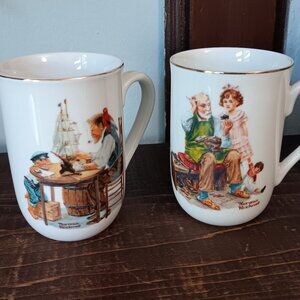1982 Vintage Norman Rockwell Museum Mugs Cups Set of 2 Gold Trim